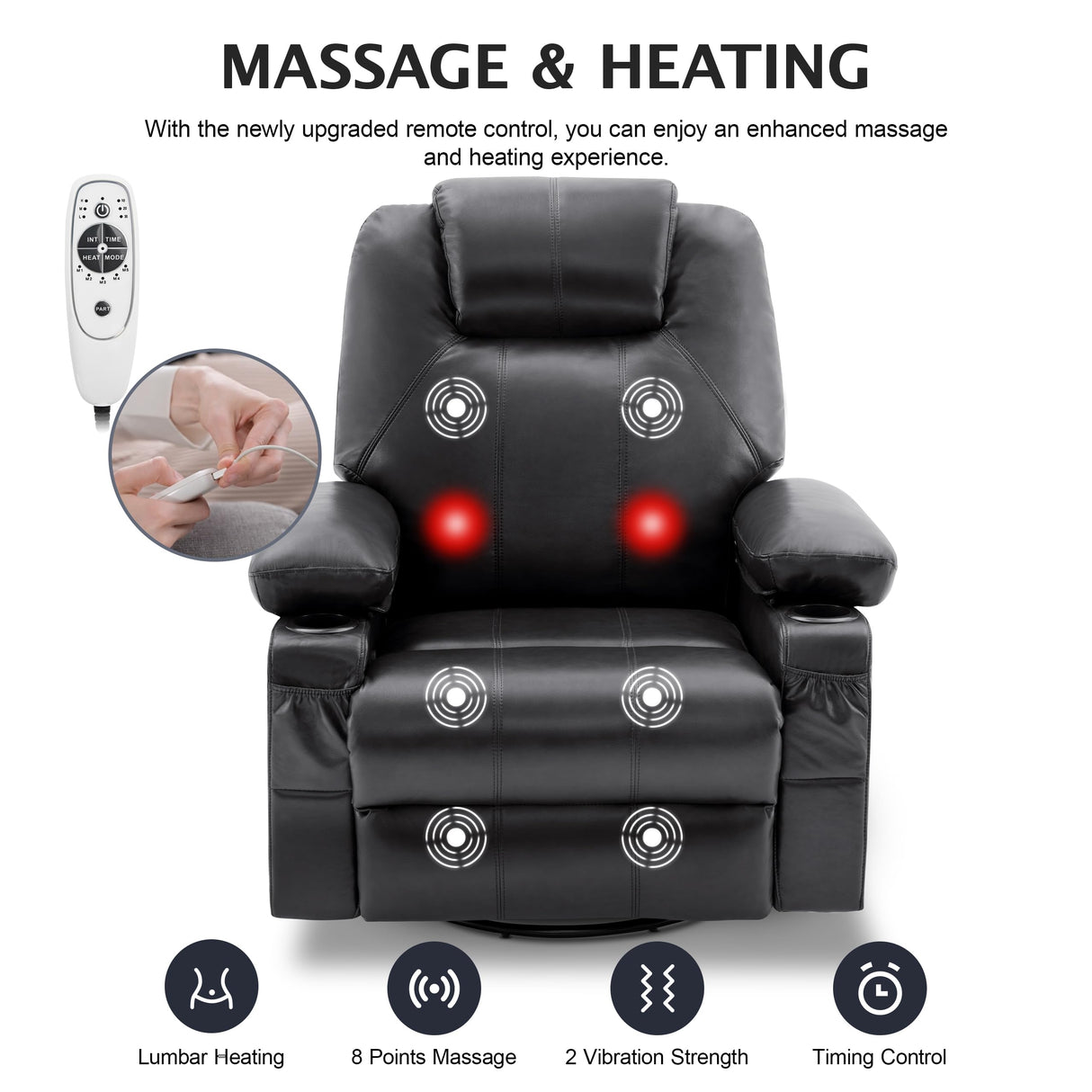 Reedvales Oversized Swivel Rocker Recliner Sofa Chair with Heat and Massage, Big Recliner Sofa Chair for Living Room, 360 Degree Swivel Single Sofa with Cup Holders and USB Port(Leather, Black) Reedvales