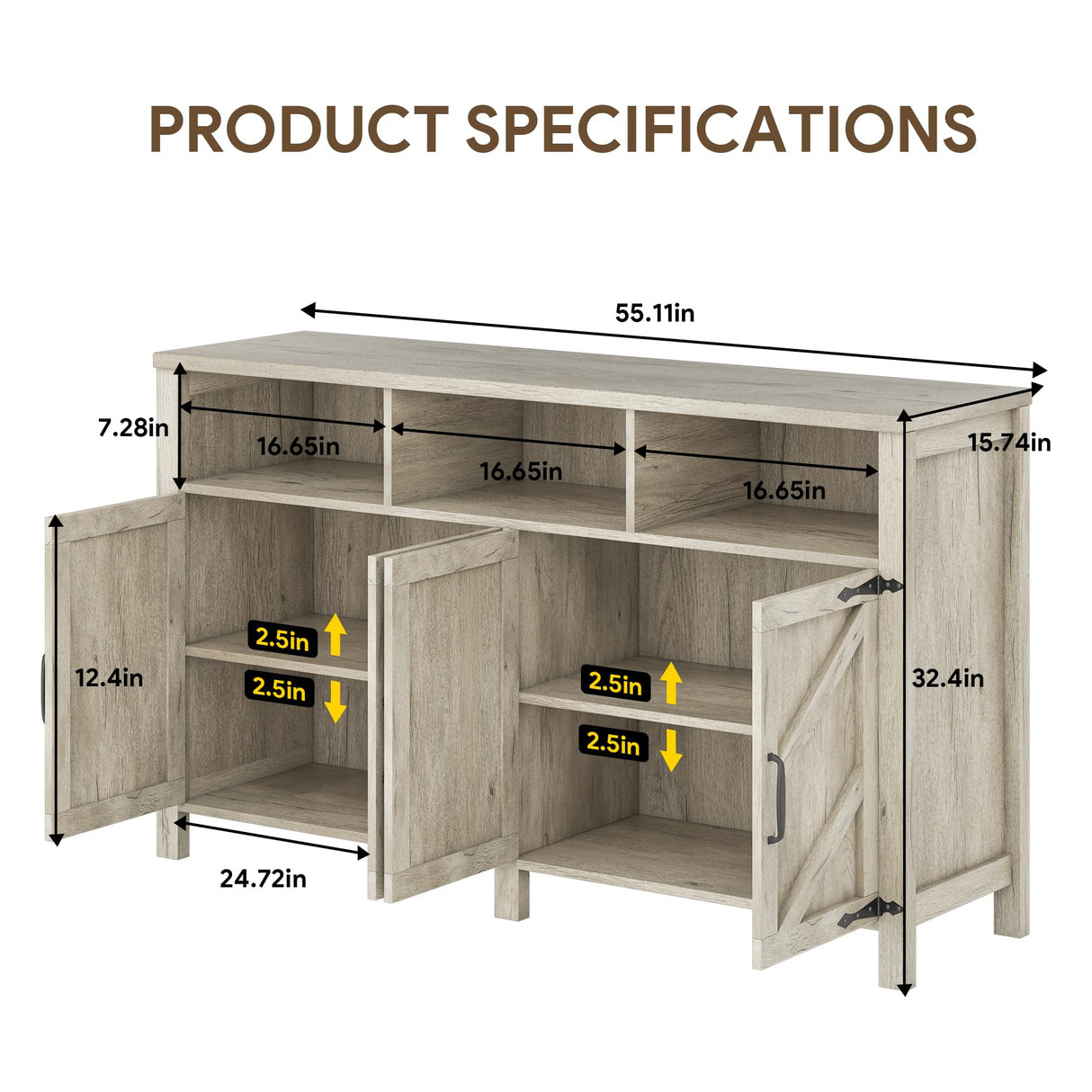 knoworld Buffet Cabinet with Storage Farmhouse with 4 Doors, 55'' Large Kitchen Storage Cabinet Wood Coffee Bar Buffet Sideboard for Kitchen, Dining Room, Entryway knoworld