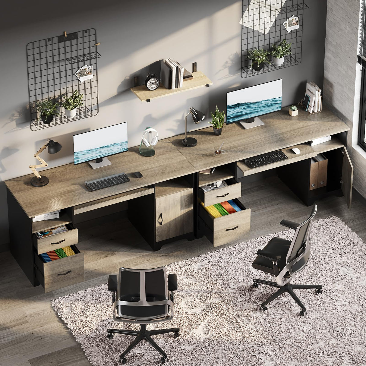Bestier 59” Executive Desk with 2 Drawers, Computer Desk with Storage Cabinet, Industrial Wood Desk with File Drawer, Keyboard Tray & 2 Pedestals for Home Office & Studio, Gray Bestier