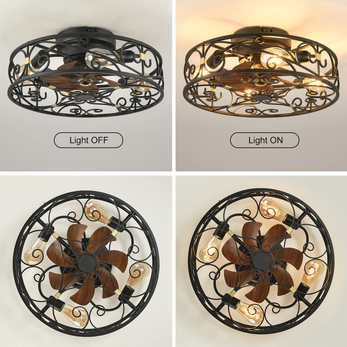 XUDOM 20" Caged Ceiling Fans with Lights and Remote, Bladeless Ceiling Fan 6 Speed Reversible with 4 Bulbs and Remote Control,Flush Mount Caged Ceiling Fan for Bedroom, Living Room, (Include Bulbs) XUDOM