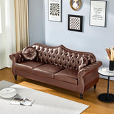 AVZEAR 82" Three Seater Sofa, Chesterfield Sofa, Mid-Century Modern PU Upholstered Sofa, Deep Button Tufted Living Room Sofa with Two Throw Pillows, Brown AVZEAR
