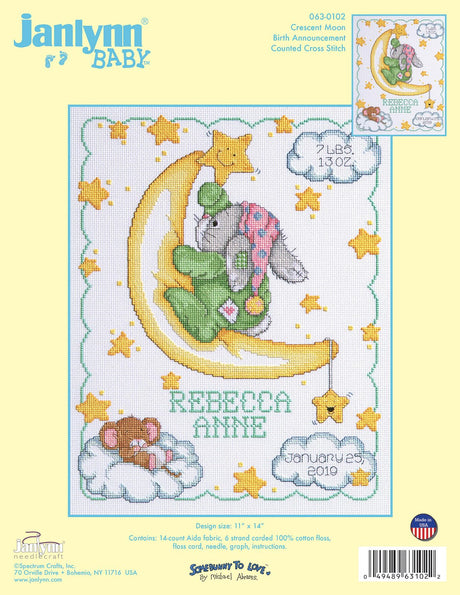 Janlynn Cross Stitch Kit, 14-Inch by 11-Inch, Crescent Moon Birth Announcement, White Janlynn