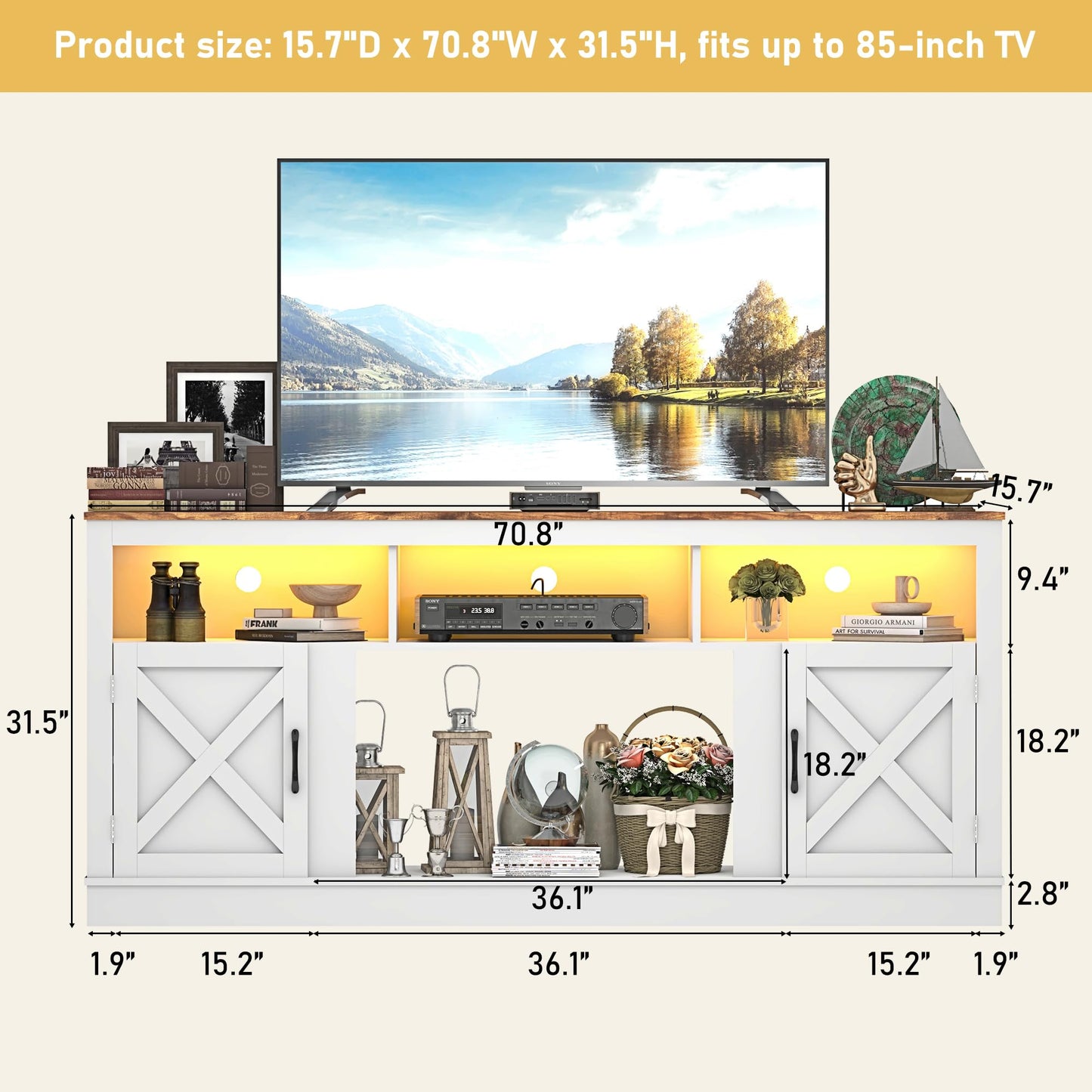 jiteentarou Farmhouse TV Stand for 70/75/80 Inch TV, 32”Tall Entertainment Center w/LED Light, Large Media Console Cabinet w/Barn Doors & Adjustable Shelves for Living Room, White - WoodArtSupply