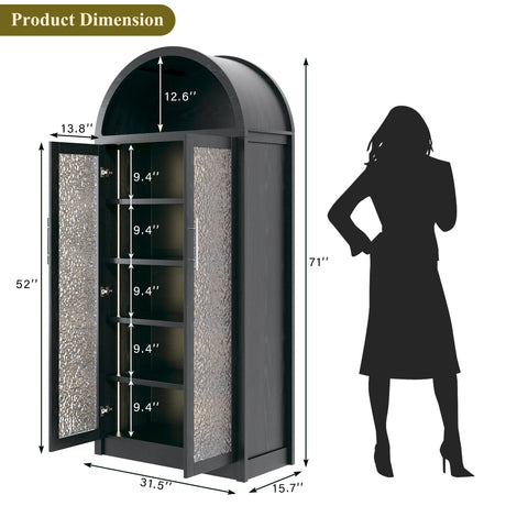 HUAHUU Arched Display Cabinet with Glass Doors, 6-Tier Curio Cabinet with 3 Color Lights for Collectibles, 71" Tall Glass Display Case with Adjustable Shelves, Storage Cabinet for Living Room, Black HUAHUU