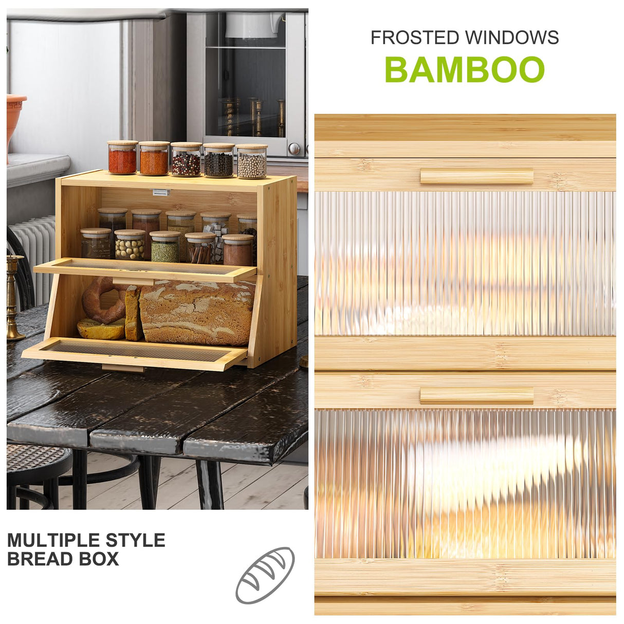 Large Bread Box Double Layer Bamboo Bread Box for Kitchen Counter Container Farmhouse Bread Box Bread Holder Capacity Bread Storage Bin(Natural) BMOSU