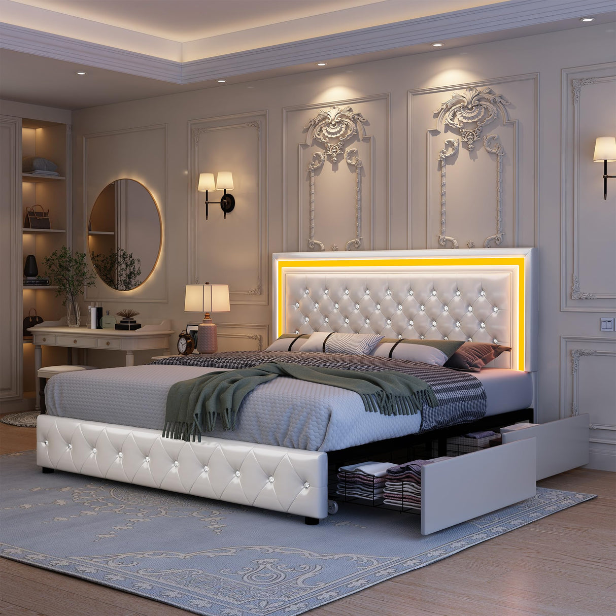 GEGOFORU PU White Queen Bed Frame with LED Lights and Spacious Storage Drawers GEGOFORU