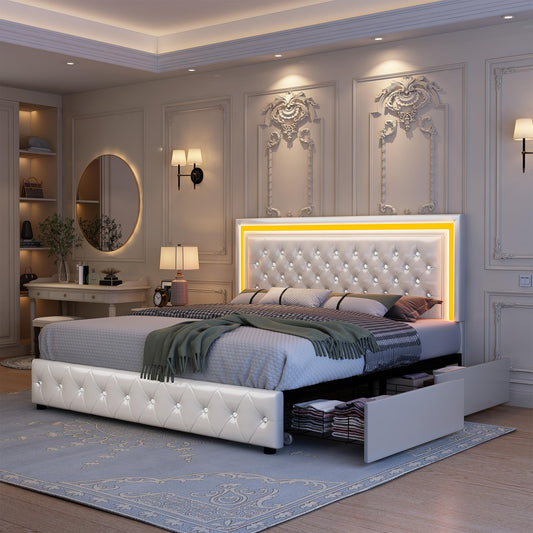 GEGOFORU PU White Queen Bed Frame with LED Lights and Spacious Storage Drawers - WoodArtSupply