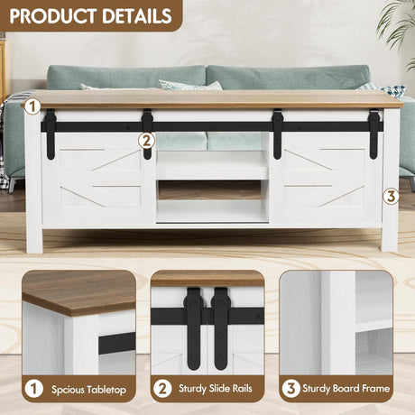 JUMMICO Farmhouse Coffee Table with Storage & Sliding Barn Doors, Modern Rustic Living Room Table with Adjustable Shelves, Wooden Rustic Center Table for Living Room (Antique White) JUMMICO