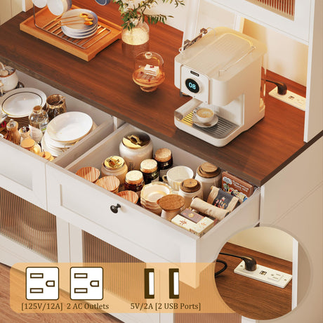 HUAHUU 71" Pantry Cabinet with Charging Station and LED Light, Modern Kitchen Pantry Cabinet with Microwave Stand, Tall Kitchen Hutch Food Pantry with Drawers & Shelves for Dining Room, White HUAHUU