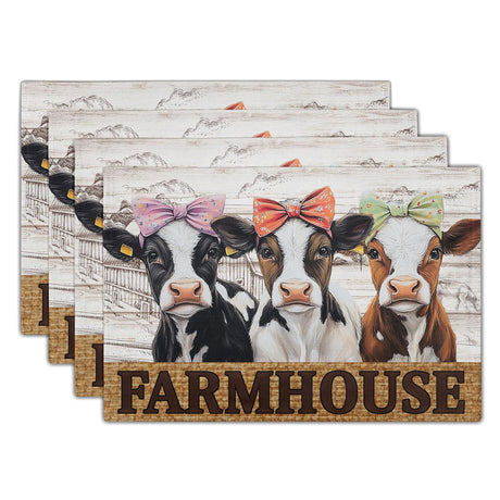 Cute Cow Farmhouse Placemats 4pcs, Farm Animal Tabletop Mat Rustic Style Non-Slip Washable Place Mats 12 x 18 Inch for Holiday Kitchen Dining Decor Imiss