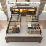 EnHomee Full Size Bed Frame with Headboard and Storage, 4 Drawers and LED Built in Charging Station Full Bed Frame with Storage Farmhouse, NO Noise,No Box Spring Needed,Brown EnHomee