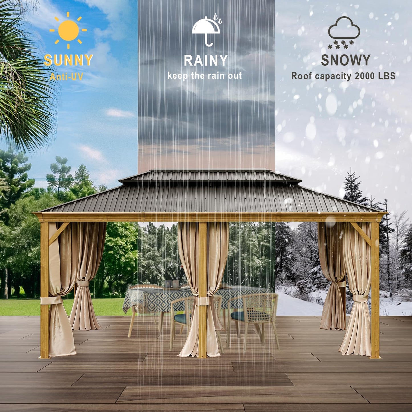 12x18ft Hardtop Gazebo, Wooden Finish Coated Aluminum Frame Canopy with Galvanized Steel Double Roof, Outdoor Permanent Metal Pavilion with Curtains & Netting for Garden, Brown (Wooden 12x18  - WoodArtSupply