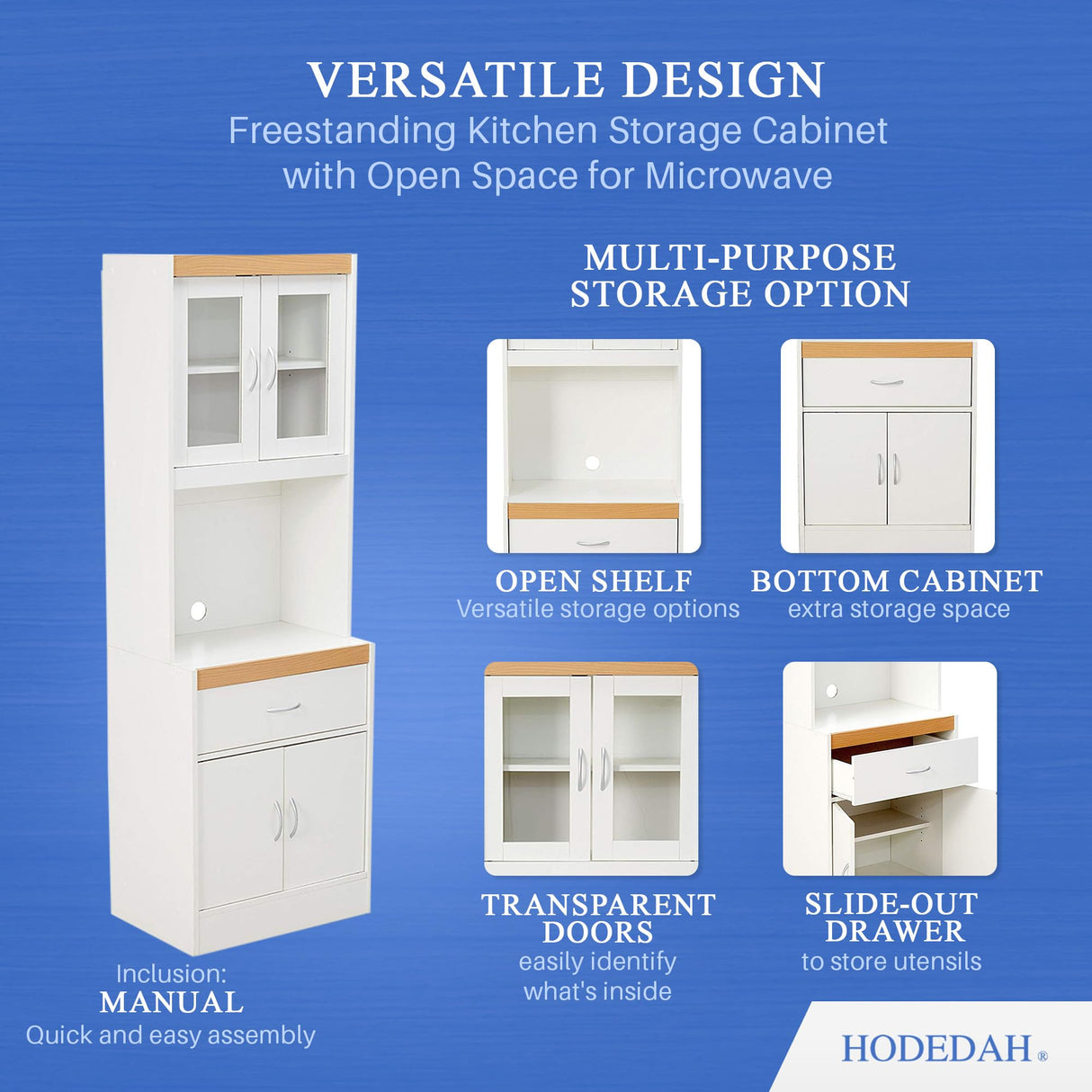 Hodedah Long Standing Kitchen Cabinet with Top and Bottom Enclosed Cabinet Space, One Drawer, Large Open Space for Microwave, White Hodedah