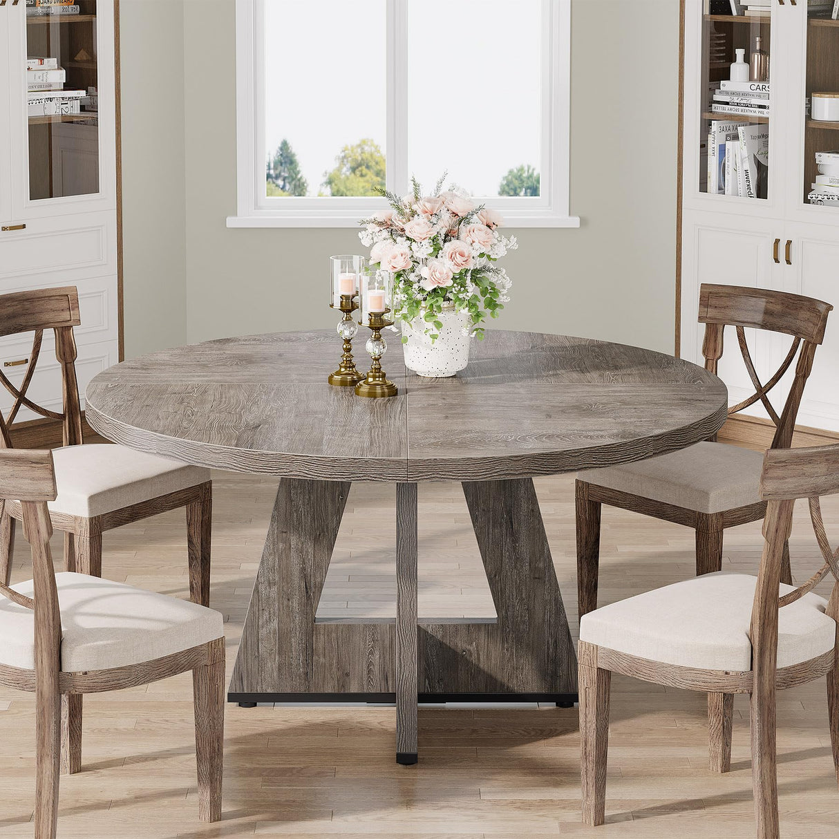 Tribesigns Round Dining Table for 4, 47 Inch Grey Kitchen Table Small Dinner Table Farmhouse Wood Kitchen Dinning Table for Dining Room Kitchen,Living Room (Chairs not Included) Tribesigns