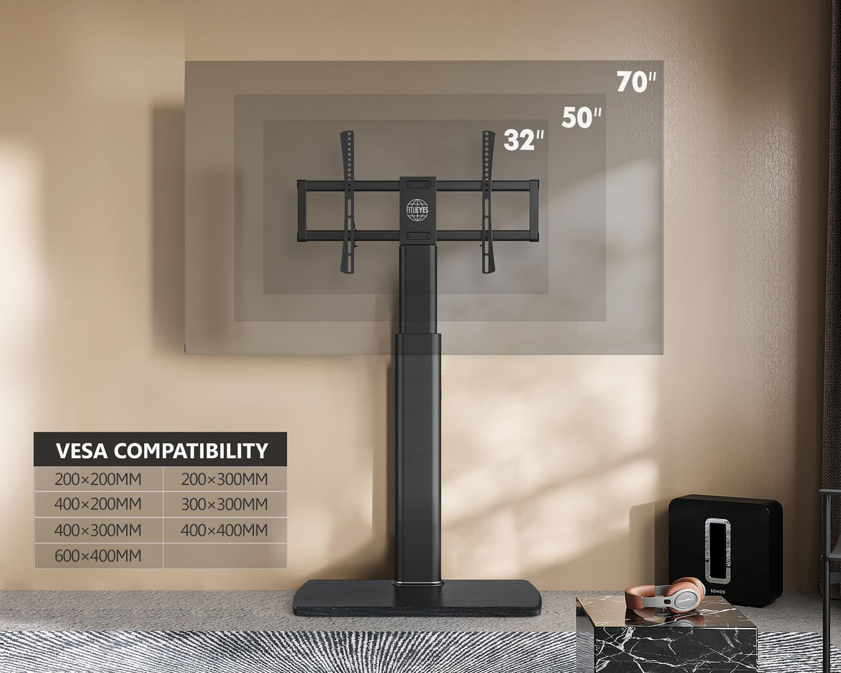 FITUEYES Floor TV Stand for Living Room, Bedroom, Tall Corner TV Stand Mount with Sturdy Wood Base for 32 to 70 Inch TVs, Swivel, Height Adjustable, Holds 40kgs, Black FITUEYES