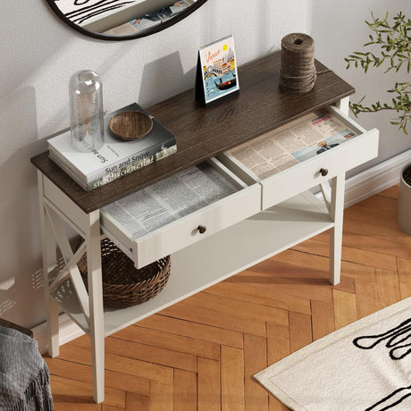 ChooChoo Farmhouse Console Table with Drawers, Narrow Wood Accent Sofa Table Entryway Table with Storage Shelf for Entryway, Front Hall, Hallway, Living Room, Antique White & Brown ChooChoo