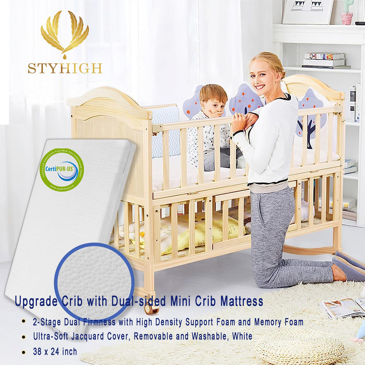Mini Baby Crib 4 in 1 Convertible with Memory Foam Mattress(38"by 24") Included,cunas para Bebes 2024 Natural Wood Portable Crib with Foldable Storage Baby Playpen, Bassinet Bedside Sleeper,Baby Beds Styhigh
