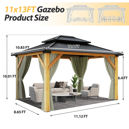 11'x13' Wood Gazebo, Hardtop Cedar Gazebo with Double Roof Galvanized Steel Top, Outdoor Solid Wooden Gazebo with Curtain & Netting for Garden, Patio, Deck, Backyard