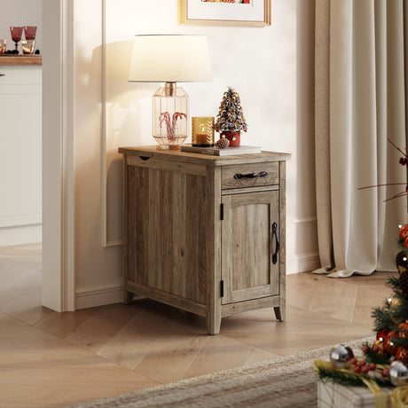 LINSY HOME Farmhouse End Table with Charging Station, Narrow Side Table for Living Room, Sofa Side Table with Drawer and Storage Cabinet, Small Nightstand for Bedroom LINSY HOME