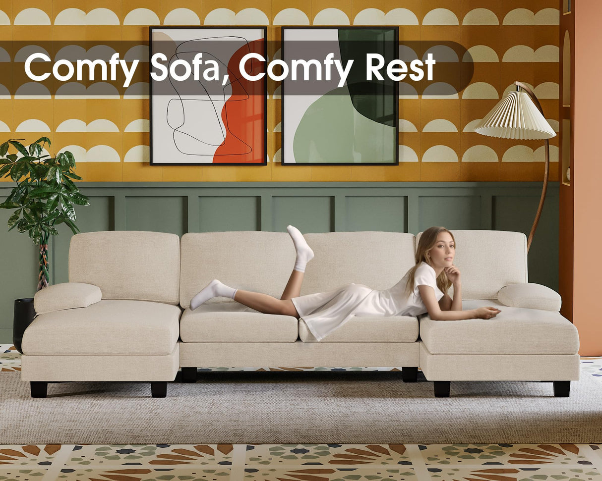 Furmax Sectional Couches for Living Room, U-Shaped Sofa Couch with Linen Fabric, 4 Seat Sofa Set with Double Chaise for Apartment (Fabric, White) Furmax