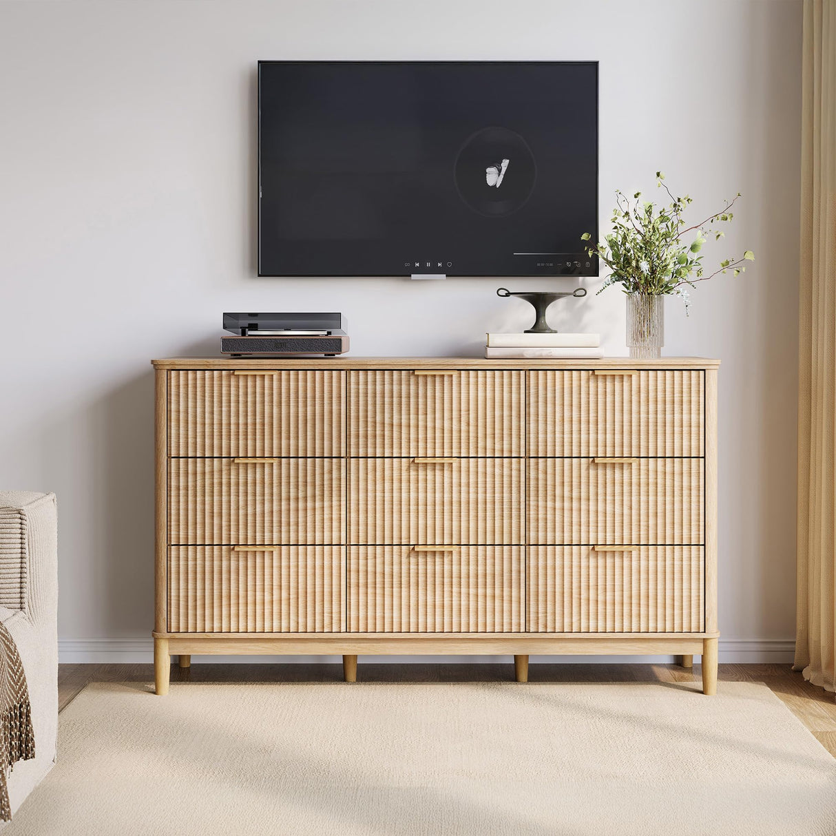 LINSY Fluted 9 Drawer Dresser for Bedroom, 58" Wide Mid-Century Modern Tall Chest of Drawers, Deep Storage Dresser with Curved Corner Design, Large Accent Wood Cabinet for Bedroom, Oak LINSY