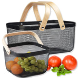 Cheardia 2 Pack Picnic Baskets, Metal Mesh Harvest Basket with Foldable Wooden Handle, Rectangle Garden Storage Basket Bin for Vegetable Fruit Garden Kitchen Cabinet Picking Gathering Cheardia