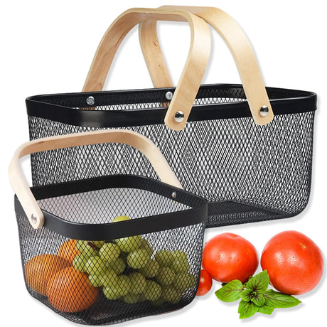 Cheardia 2 Pack Picnic Baskets, Metal Mesh Harvest Basket with Foldable Wooden Handle, Rectangle Garden Storage Basket Bin for Vegetable Fruit Garden Kitchen Cabinet Picking Gathering Cheardia