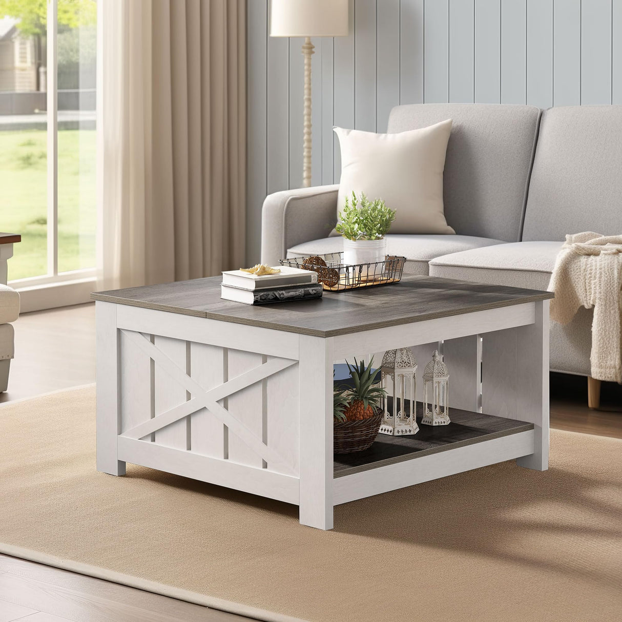 YITAHOME Coffee Table Farmhouse Coffee Table with Storage Rustic Wood Cocktail Table, Square Coffee Tables for Living Meeting Room with Half Open Storage Compartment, Light Brown and White YITAHOME