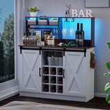 PAKASEPT Coffee Bar Cabinet with Adjustable 20-Color LED Lights and 6.5FT Outlet, Kitchen Buffet Storage Cabinet, 47'' Sideboard Buffet Cabinet with Sliding Barn Door, Adjustable Shelf and Wine Racks PAKASEPT