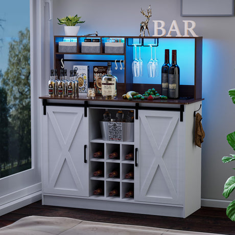 PAKASEPT Coffee Bar Cabinet with Adjustable 20-Color LED Lights and 6.5FT Outlet, Kitchen Buffet Storage Cabinet, 47'' Sideboard Buffet Cabinet with Sliding Barn Door, Adjustable Shelf and Wine Racks PAKASEPT