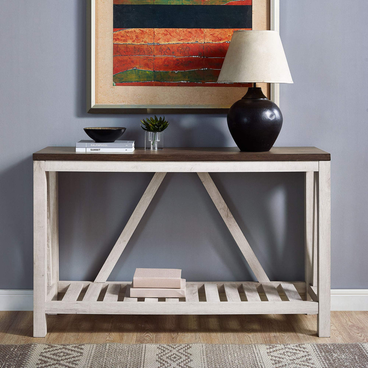 Walker Edison Modern Farmhouse Accent Entryway Table Entry Table Living Room End Table, 52 Inch, Dark Walnut and White Oak Walker Edison