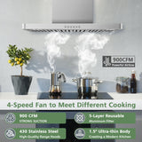 ONEEON 30" Range Hood - 900 CFM Stainless Steel Wall Mount Kitchen Exhaust with 4 Speed Fan, LED Lights, Push Button, Ultra-thin Body, Chimney Style Stove Vent Hood & Ducted Exhaust Vent ONEEON