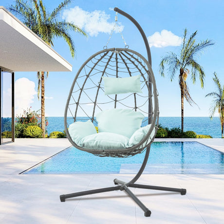 Egg Chair Indoor Outdoor, Foldable Hanging Egg Chair with Stand, Patio Swing Egg Chairs, UV Resistant Removable &Washable Thicken Padded Cushions, 350LBS Capacity for Bedroom, Balcony Blue HiDSLiving