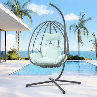 Egg Chair Indoor Outdoor, Foldable Hanging Egg Chair with Stand, Patio Swing Egg Chairs, UV Resistant Removable &Washable Thicken Padded Cushions, 350LBS Capacity for Bedroom, Balcony Blue