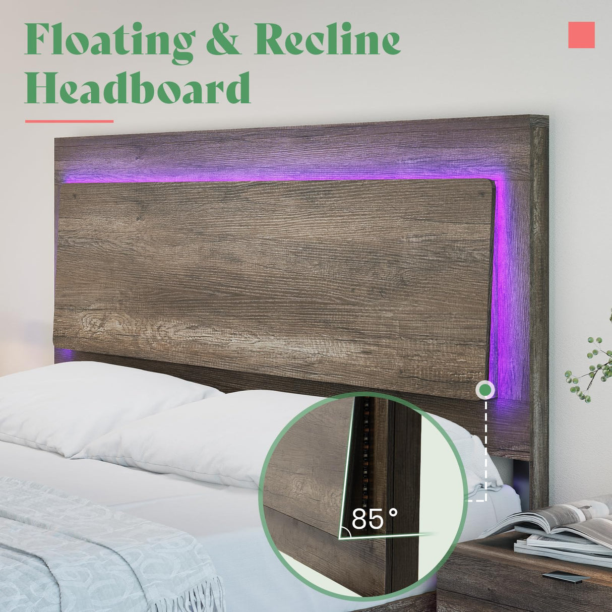 AMERLIFE Farmhouse Floating Queen Bed Frame with Recline Headboard and RGB LED Lights - Washed Gray AMERLIFE
