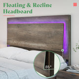 AMERLIFE Farmhouse Floating Queen Bed Frame with Recline Headboard and RGB LED Lights - Washed Gray AMERLIFE