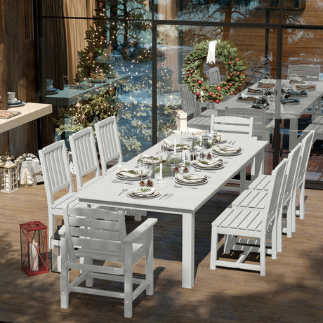 Patio Kingdom 9-Piece Outdoor Dining Set for 8, 75.2'' HDPE Table with Umbrella Hole & Chairs, Weather-Resistant Patio Table and Chairs for Garden, Lawn, Poolside (White) Patio Kingdom