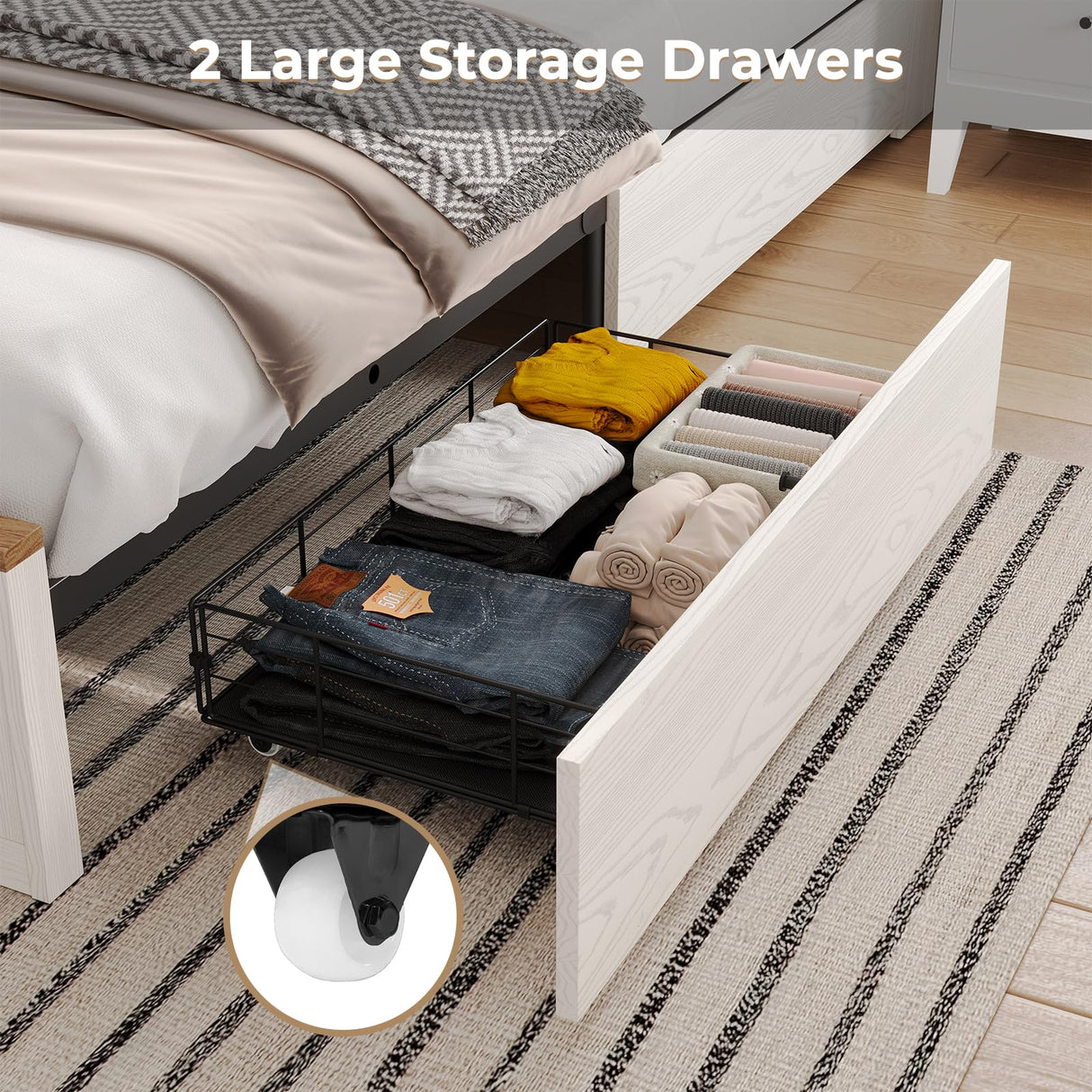 Hasuit Rustic Queen Size Bed Frame with LED Lights, Charging Station, and Storage Drawers Hasuit