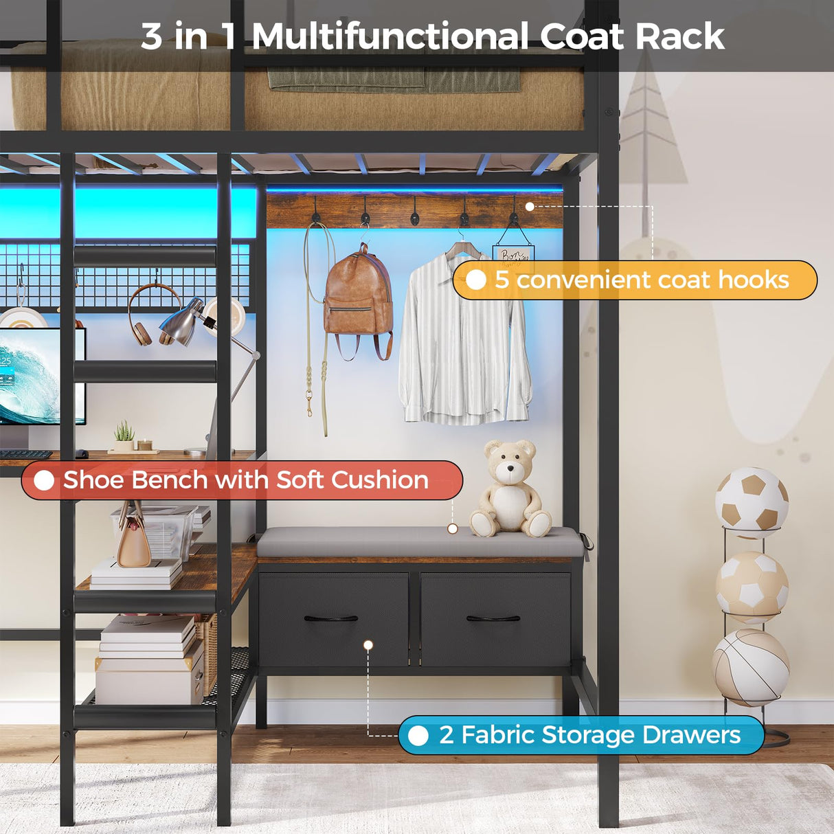 DICTAC Twin Loft Bed with L-Shaped Desk,Storage Shelves and Charging Station Metal Loft Bed Twin Size with LED Lights,Coat Rack with Drawers and Stair,Top Bunk with Safety Guardrail for Teen,Black DICTAC