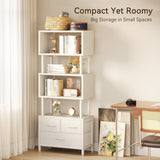 Casaottima 7 Tier Bookshelf, Tall Geometric Bookcase with Fabric Drawers, Modern Display Book Shelves Book Case for Living Room Bedroom, Wood Decorative Standing Shelving Unit for Home Office, White Casaottima