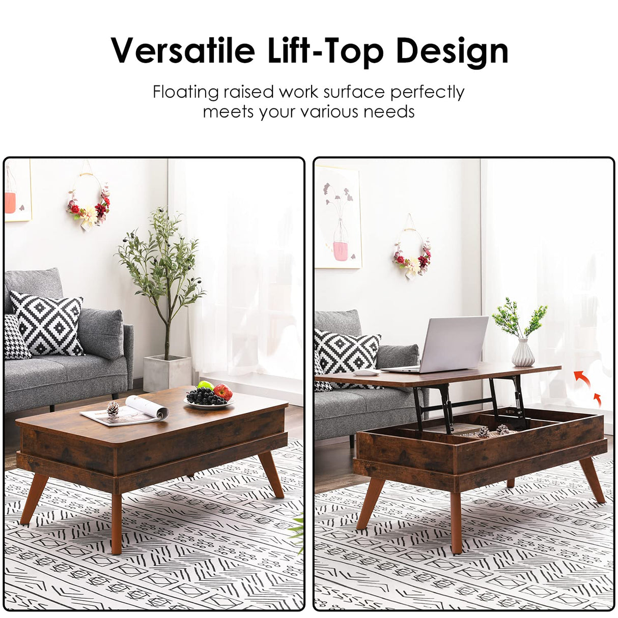 Bidiso Lift Top Coffee Table, Easy-to-Assembly Center Table with Hidden Storage Compartment, Industrial Lift Tabletop Dining Table for Living Room Reception/Home Office, Rustic Brown Bidiso