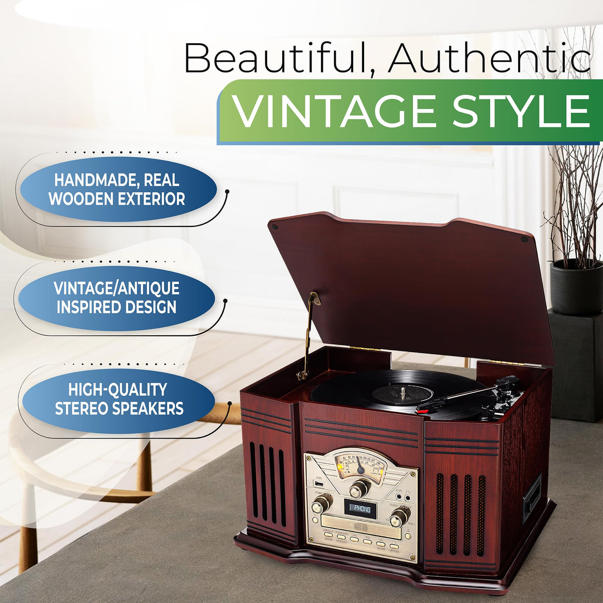 ClearClick All-in-One Turntable with 3-Speed Record Player, Bluetooth, CD, Cassette Tape, AM/FM Radio, Aux, USB, Built-in Speakers, Handmade Wooden Exterior ClearClick