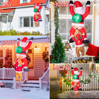 MAOYUE 6Ft Hanging Christmas Inflatables Outdoor Decorations Climbing Santa with Dog Blow Up Yard Decor with Build-in LEDs Funny Christmas Inflatable for Garden Roof Window Eaves