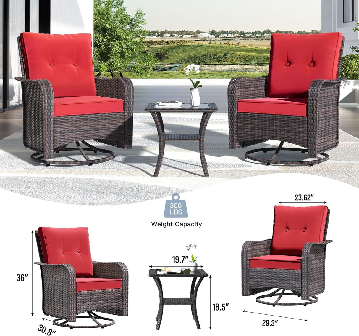 Kullavik 11 Pieces Outdoor Patio Furniture Set with 55000BTU Gas Propane Fire Pit Table,PE Wicker Rattan Sectional Sofa Patio Conversation Sets,Swivel Rocking Chairs Set,Red Kullavik
