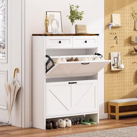oneinmil Shoe Storage Cabinet, Farmhouse Shoes Organizer with 2 Flip Drawers & 2 Sliding Drawers, Freestanding Narrow Shoe Rack Cabinet for Entryway, Hallway, Living Room, White oneinmil