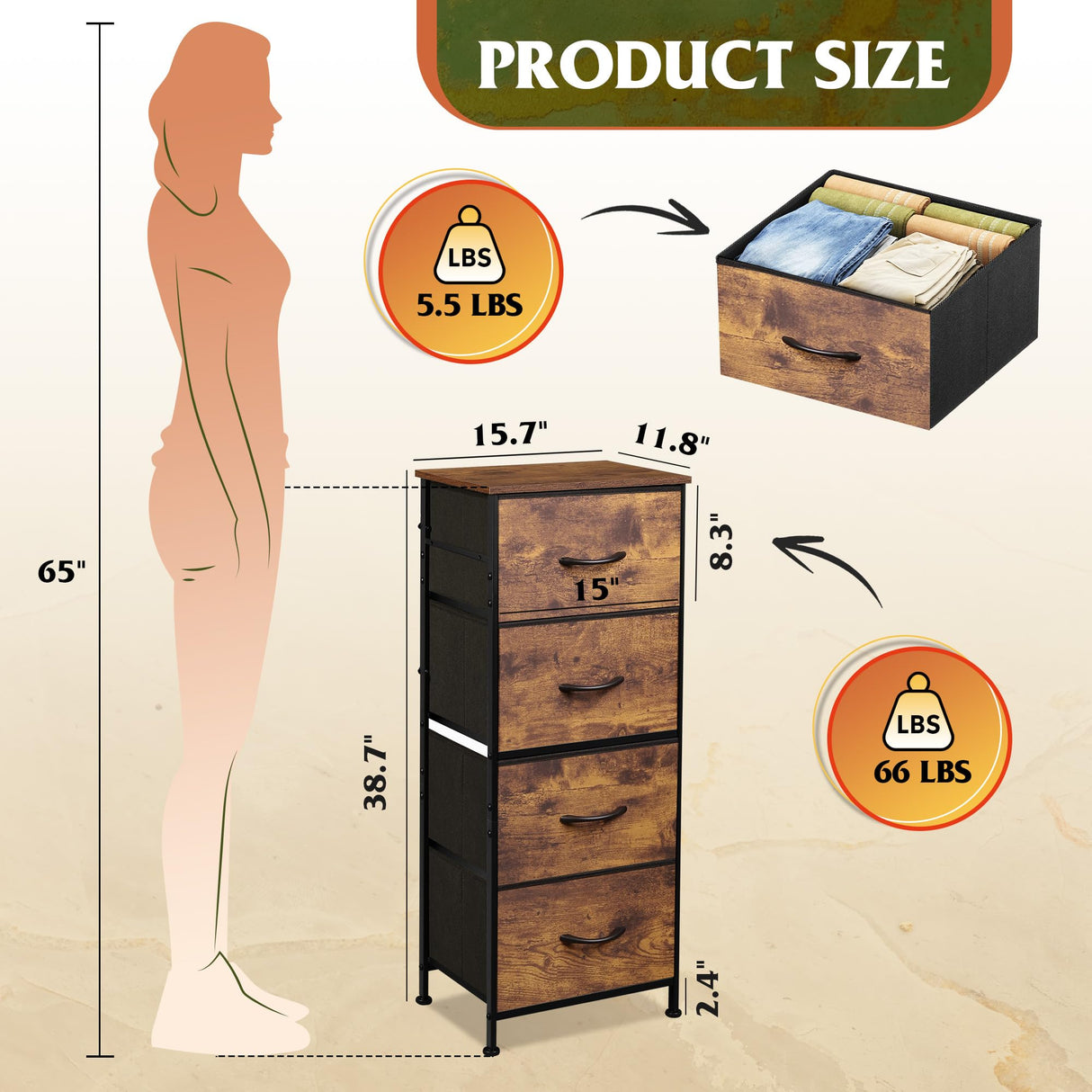 WLIVE Dresser with 4 Drawers, Fabric Storage Tower, Organizer Unit for Bedroom, Hallway, Entryway, Closets, Sturdy Steel Frame, Wood Top, Easy Pull Handle, Rustic Brown Wood Grain Print WLIVE