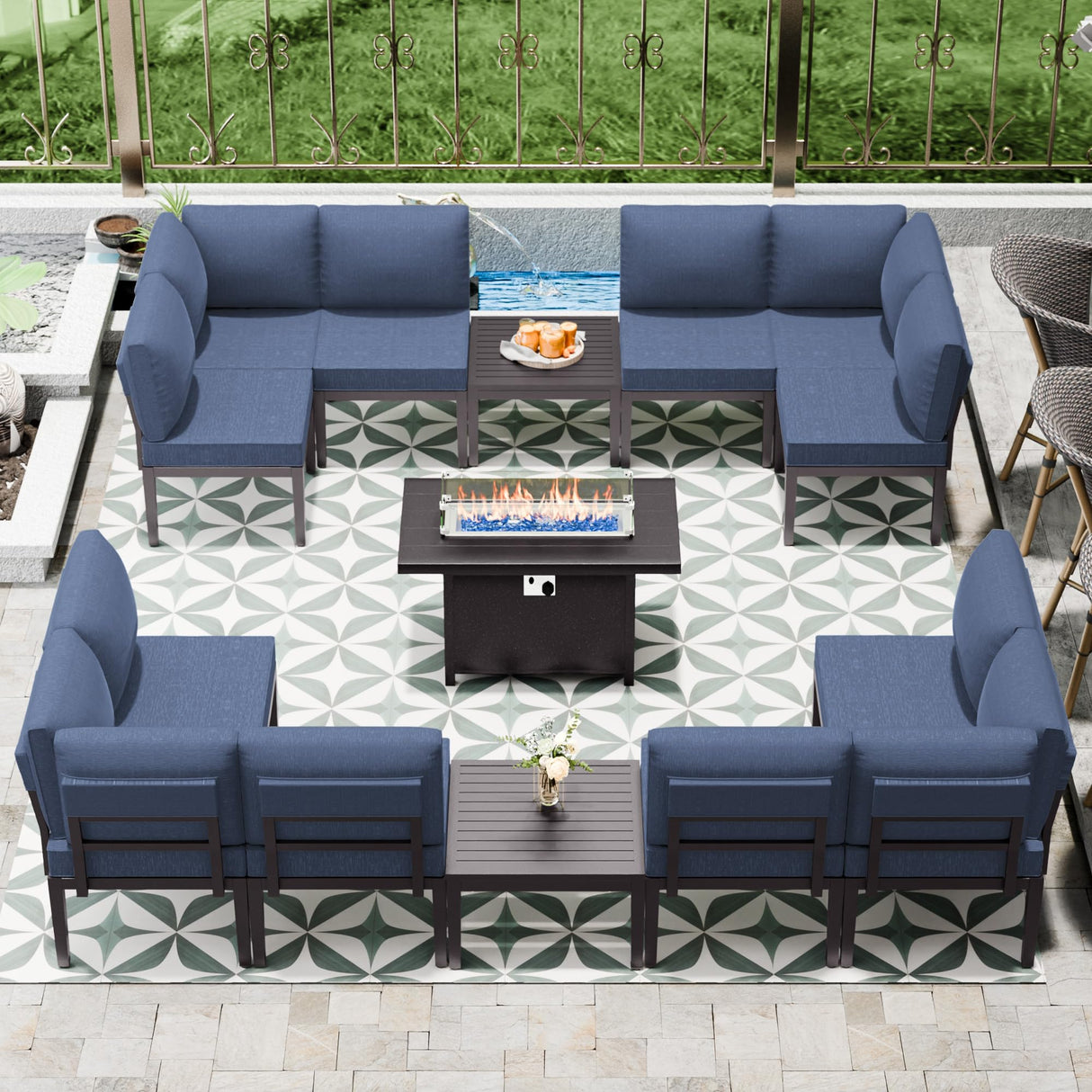 ASJMR Patio Furniture Set,15 Pieces Modern Outdoor Conversation Set w/43in Gas Fire Pit Table, Outdoor Metal Sectional Sofa with 55000 BTU Propane Fire Pit ASJMR