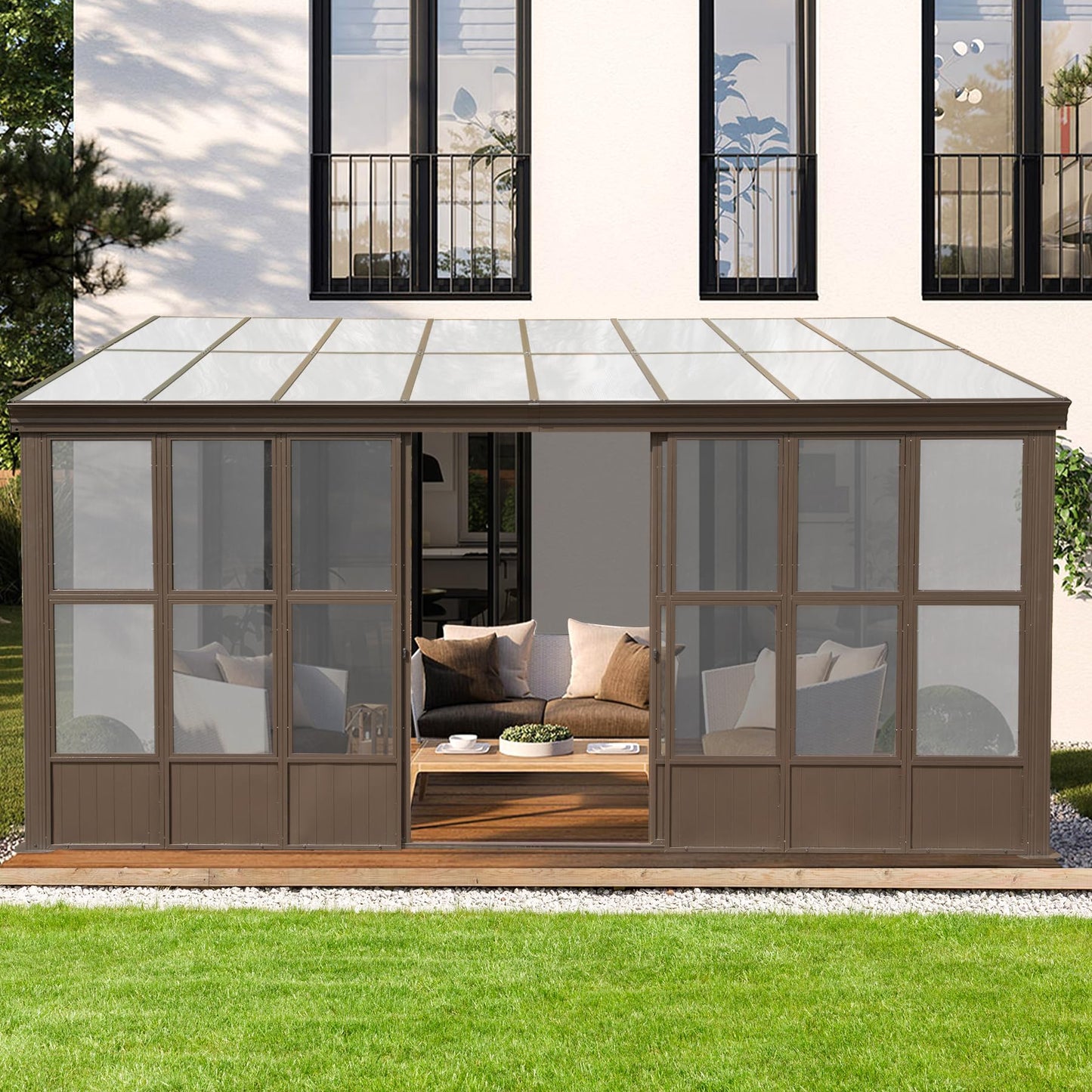 Domi 12x16FT All Season Sunroom, Outdoor Permanent Wall Mounted Solarium with Detachable Polycarbonate Windows, Aluminum Lean to Gazebo Sun Room with 2 Lockable Sliding Doors for Garden Patio - WoodArtSupply