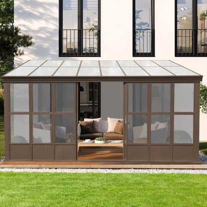 Domi 12x16FT All Season Sunroom, Outdoor Permanent Wall Mounted Solarium with Detachable Polycarbonate Windows, Aluminum Lean to Gazebo Sun Room with 2 Lockable Sliding Doors for Garden Patio - WoodArtSupply