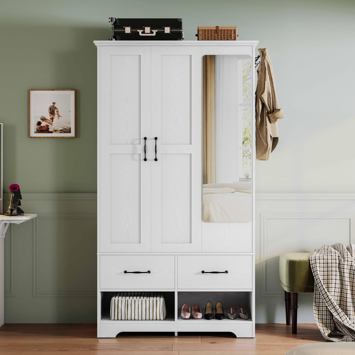 LIKIMIO 3 Doors Armoire Wardrobe Closet with Mirror, 2 Shoe Racks, 70" H Wooden Bedroom Armoires with 2 Drawers and Adjustable Shelves, Freestanding Closet Storage Cabinet with Hanging Rail, White LIKIMIO